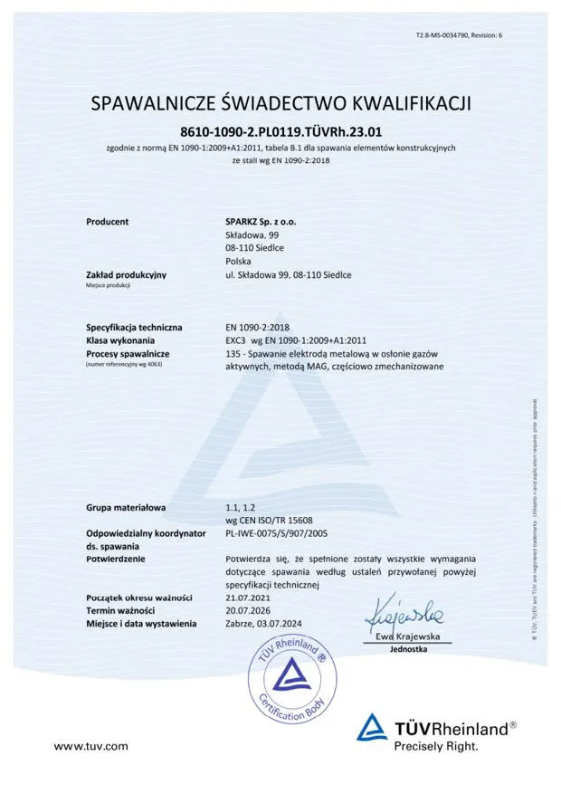 Welding certificate — SPARKZ